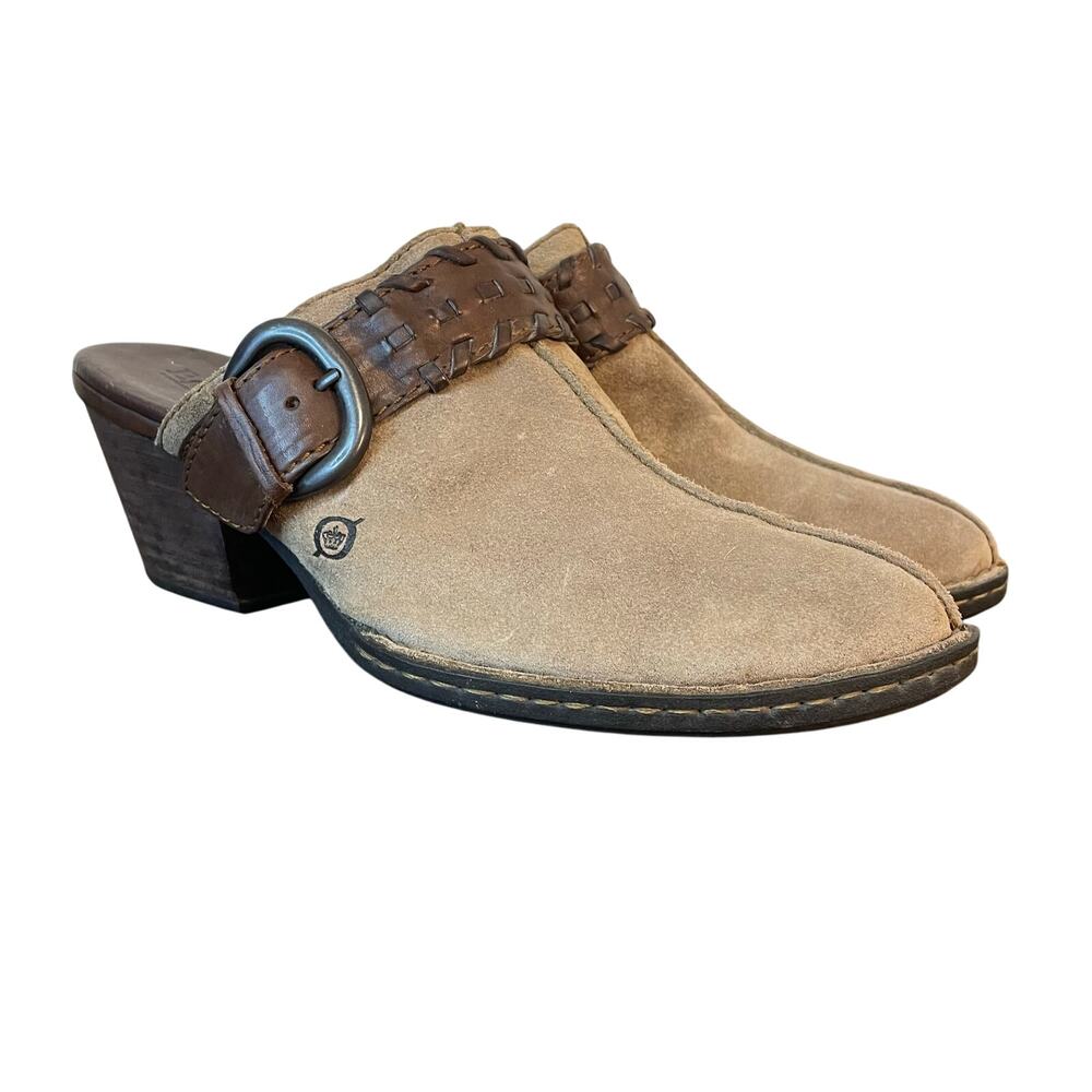 Born Suede Leather Clogs Womens 10 Tan Brown Heeled Backless Mules Buckle
